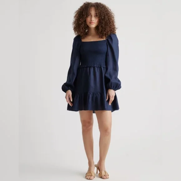 Quince Navy 100% European Linen Smocked Dress - Picture 1 of 7